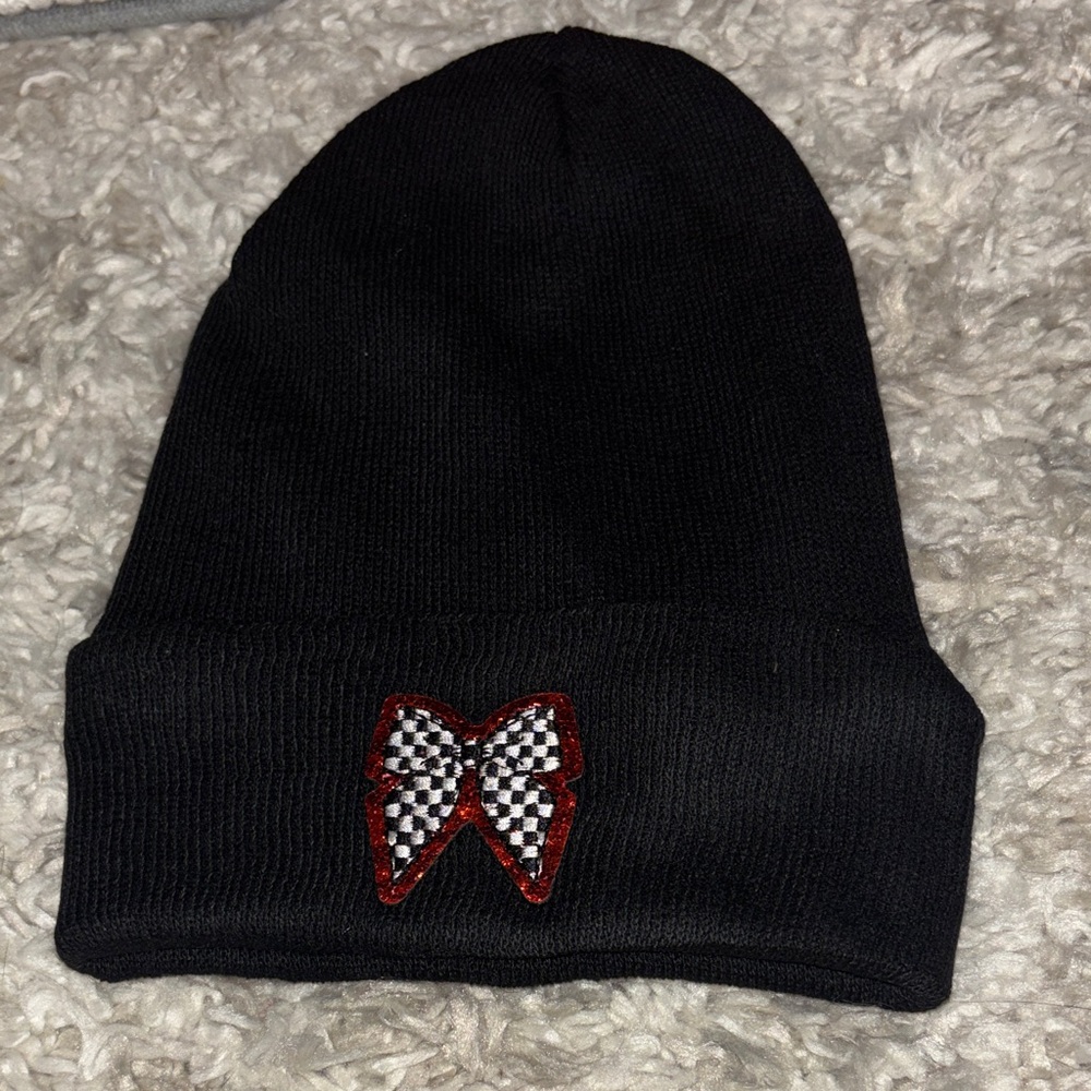 Handmade Black Beanie with Red and White Bow Patch‎
